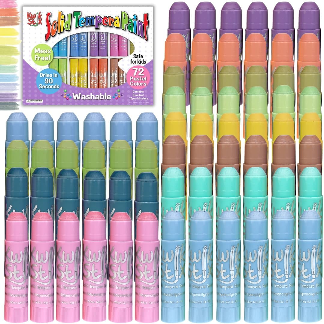 Kwik Stix Solid Tempera Paint Sticks, 72 Count Class Pack, Pastel Colors, Washable, Quick-Drying, Non-Toxic