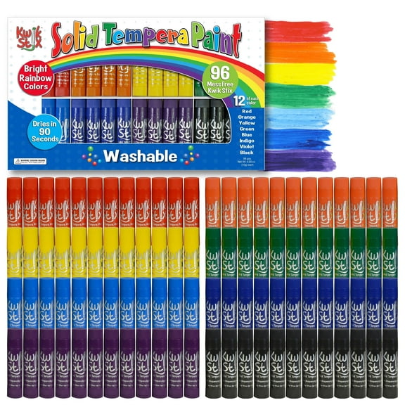 Kwik Stix Solid Tempera Paint Sticks, 96 Count Class Pack, Rainbow Colors, Washable, Quick-Drying, Non-Toxic