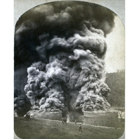 The Pennsylvania Oil Region. Black Smoke Spewing From The Tops Of Two Oil Storage Tanks Shortly After They Burst Into