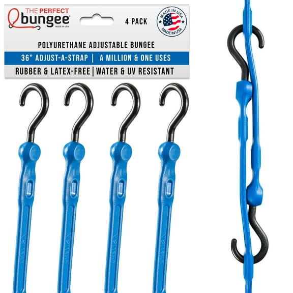 The Perfect Bungee 36” Adjust-A-Strap Poly Bungee Strap, 2X Stretch, UV Resistant, Blue, 4PK