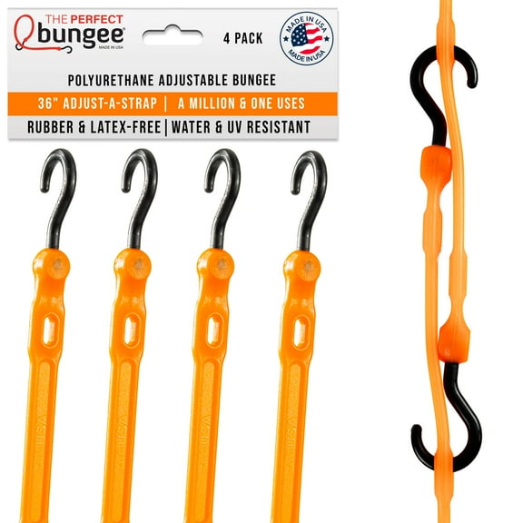 The Perfect Bungee 36” Adjust-A-Strap Poly Bungee Strap, 2X Stretch, UV Resistant, Orange, 4PK