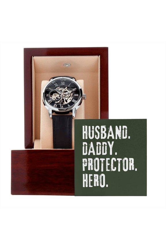The Perfect Gift for the Husband - Daddy, Protector, Hero in your life - Men's Openwork Watch - Mahogany Gift Box