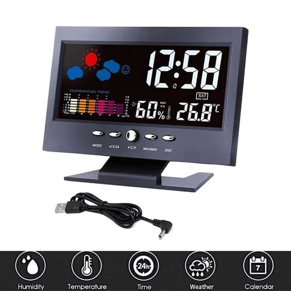 The Perfect Part Alarm Clock with Time Date & Weather Display for Living Room, Home & Office