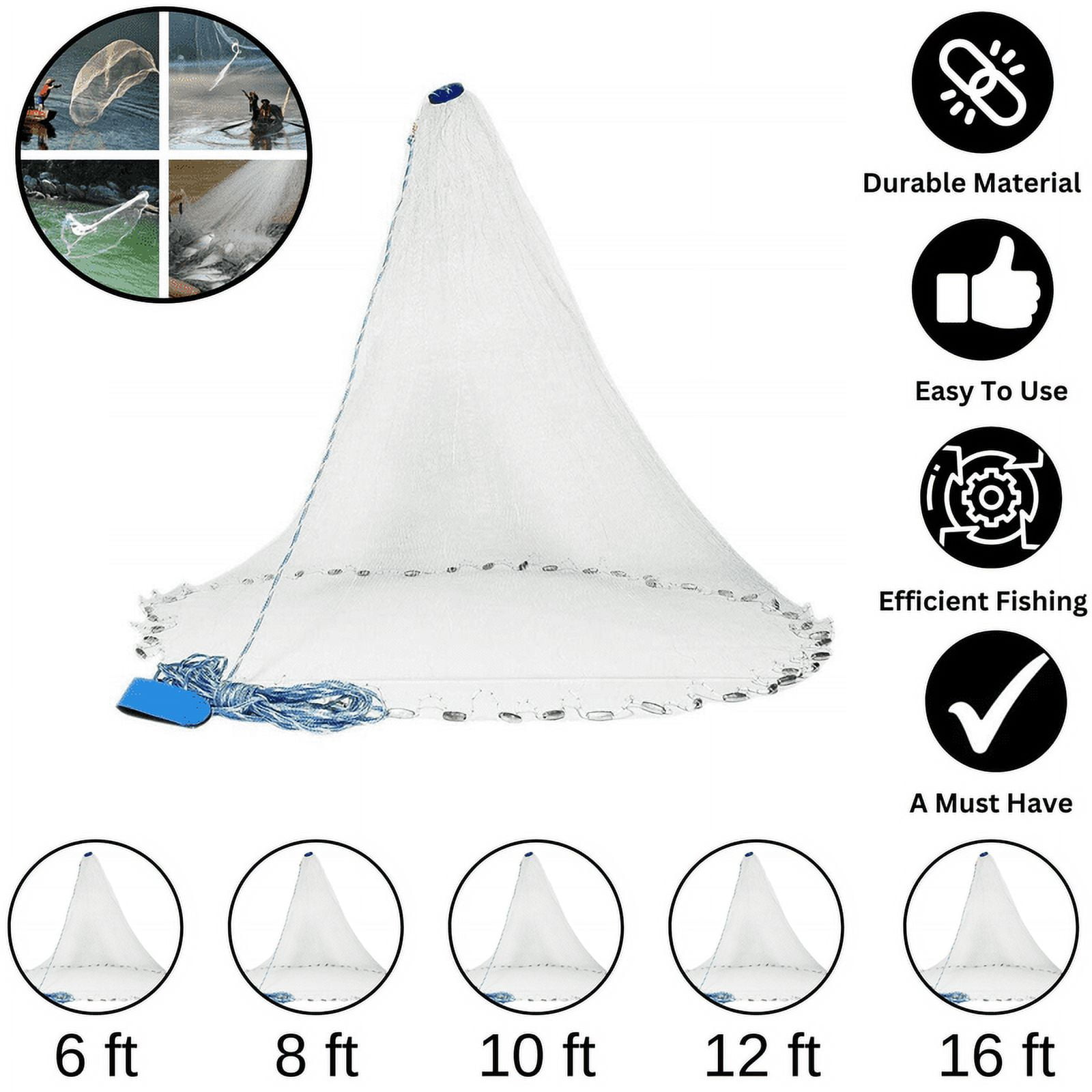 The Perfect Part Nylon Cast Nets for Fishing with Zinc Sinkers -12 ft