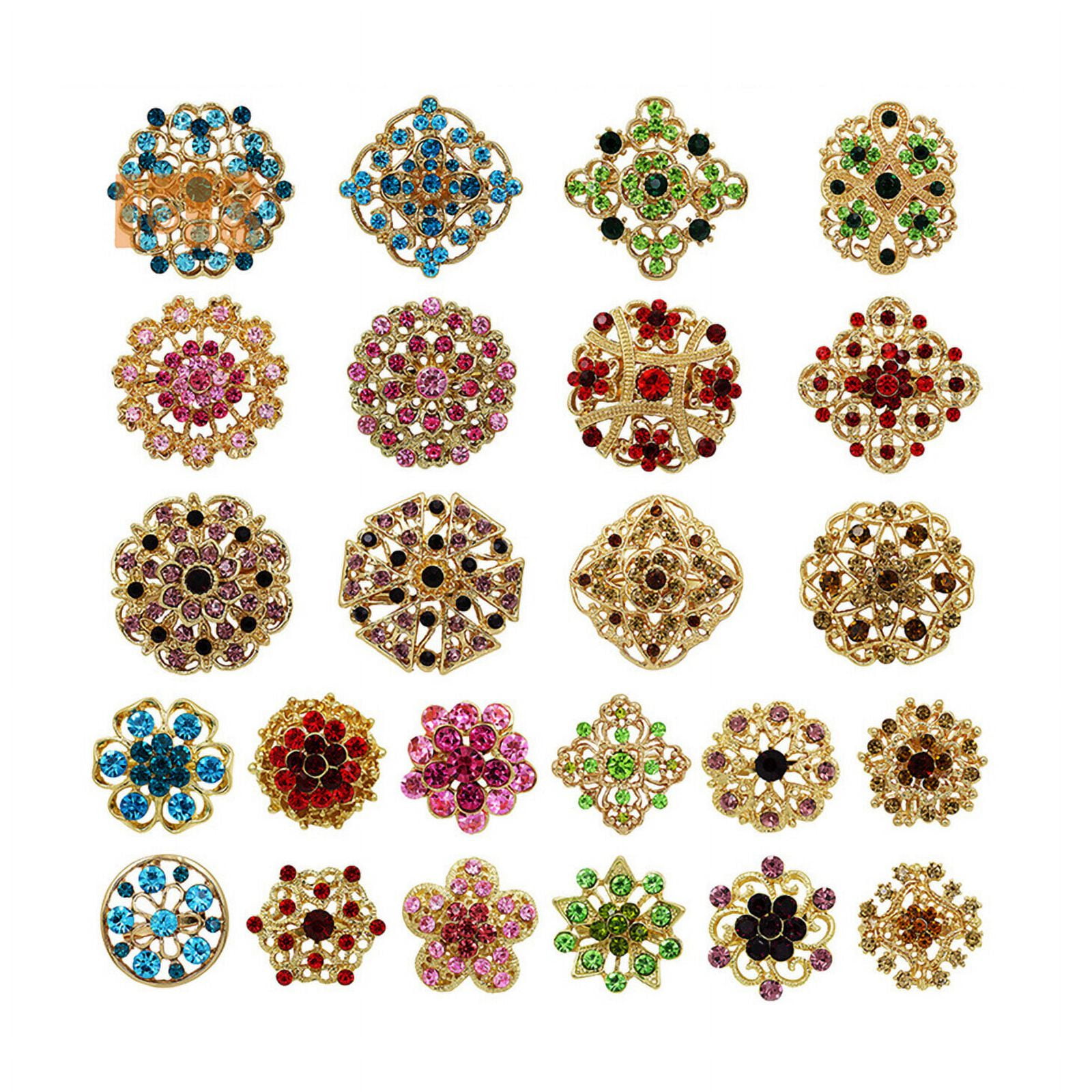 Vintage Gold Rhinestone Crystal Flower Brooch Pins Set, 24 Pieces