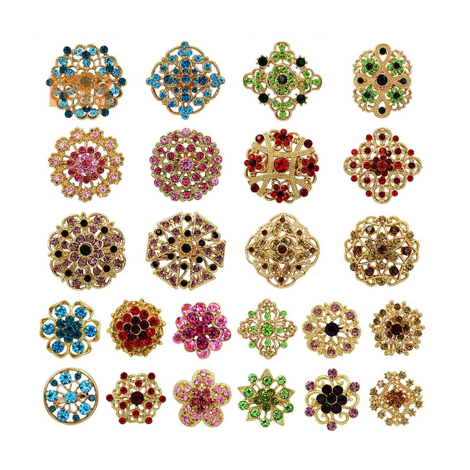 Vintage Gold Rhinestone Crystal Flower Brooch Pins Set, 24 Pieces