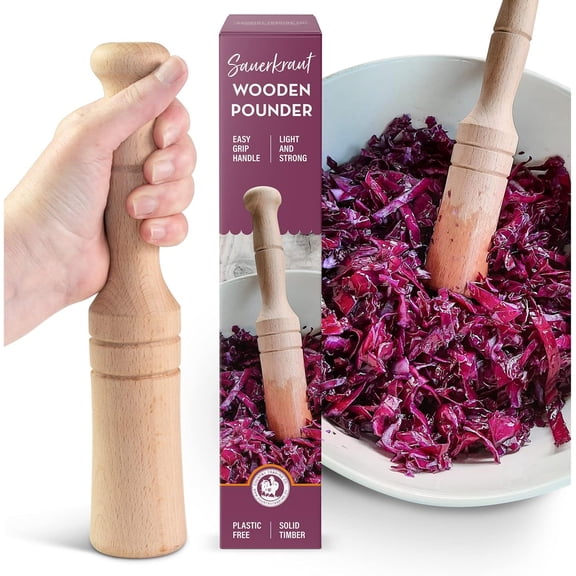 The Perfect Wooden Sauerkraut Pounder | For Homemade Vegetable Fermentation | Tamper with Easy Grip Handle |  Solid Beige Timber