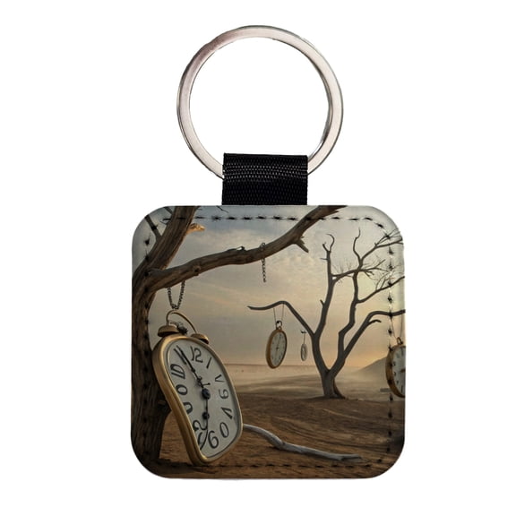 The Persistence Of Memory By Salvador Dali Parody Clocks Faux Leather Square Keychain