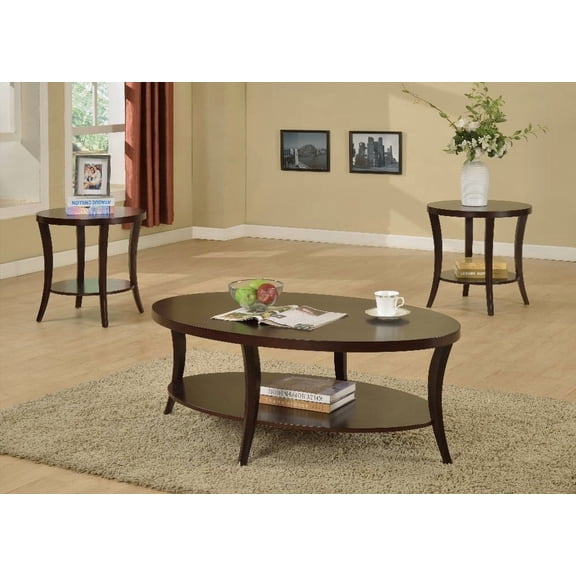 The Perth 3-Piece Espresso Oval Set - Coffee & End Tables with Display Shelf