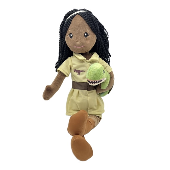 The Petting Zoo, Paleontologist Plush Doll with T-Rex Stuffed Animal, Gifts for Girls, Soft Doll with Dinosaur Plush Toy, 16 inch (African American)