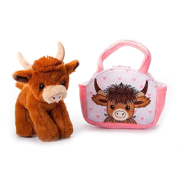 The Petting Zoo Stuffed Animal Plushie and Pet Carrier, Gifts for Girls, Wildlife Animal Plush Toy and Matching Purse Pet Carrier (Highland Cow)