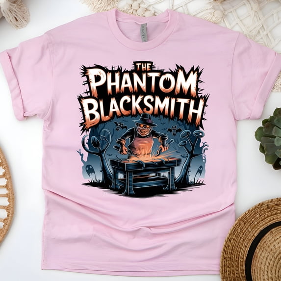 The Phantom Blacksmith Shirt, Halloween Ghost Forging Tee, Light Pink, Size L