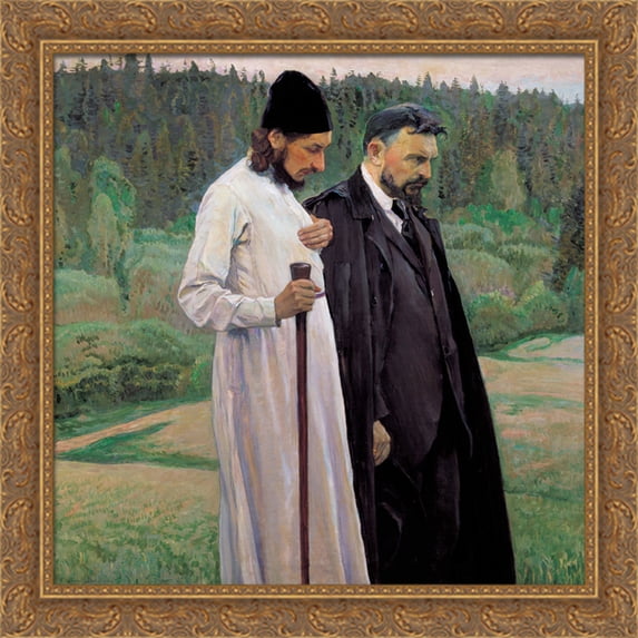 The Philosophers: Portrait of Sergei Bulgakov and Pavel Florenskiy 28x28 Large Gold Ornate Wood Framed Canvas Art by Mikhail Nesterov