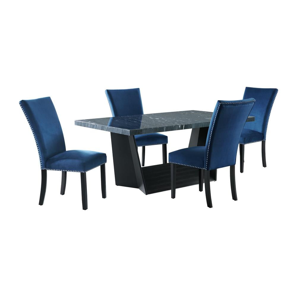 Gray Marble Top Trestle Dining Set with Blue Upholstered Chairs