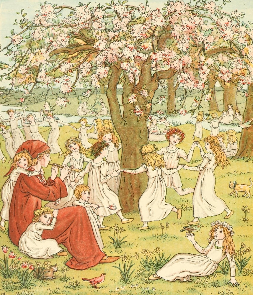 The Pied Piper of Hamelin c1880 Dancing under the cherry blossom Canvas Art - Kate Greenaway (18 x 24)