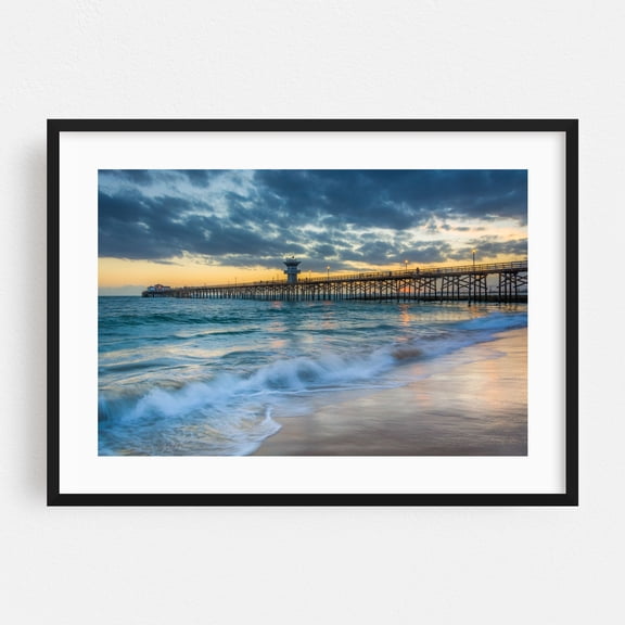The Pier at Sunset, Seal Beach - Seal Beach California Photography Beach Sunset Ocean Coast Waves Scenic Black Framed Wall Art Print 12 x 16 inches