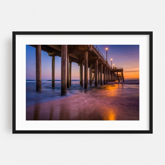 The Pier at Twilight - Huntington Beach California Photography Ocean Sunset Coastal Beach Landscape Black Framed Wall Art Print 24 x 36 inches
