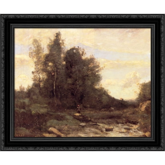 The Pierreaux Torrent (Twilight) 23x20 Black Ornate Wood Framed Canvas Art by Corot, Jean Baptiste Camille