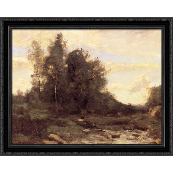 The Pierreaux Torrent (Twilight) 34x28 Large Black Ornate Wood Framed Canvas Art by Jean Baptiste Camille Corot