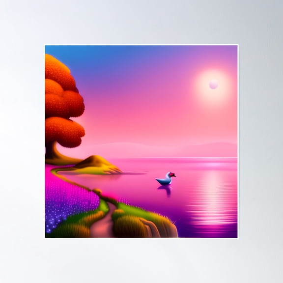 The Pink Paradise: Beach, Sunset, Fantasy, Cartoon, And Mountain Poster Wall Art, Modern Wall Decor, 24x24 UNFRAMED