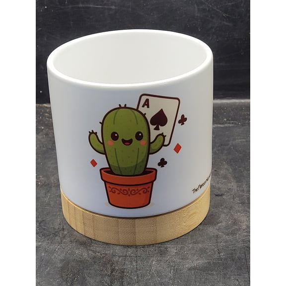 The Pioneer Nursery 4 Ceramic Planter Pot  Ace of Spades with Bamboo Base & Drainage Hole