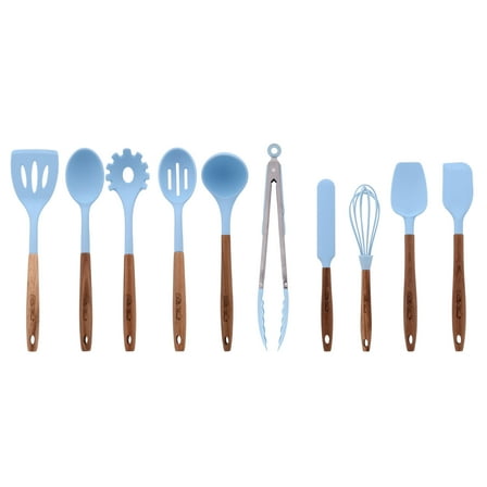 The Pioneer Woman 10-Piece Silicone and Acacia Wood Handle Cooking Utensils Set, Blue