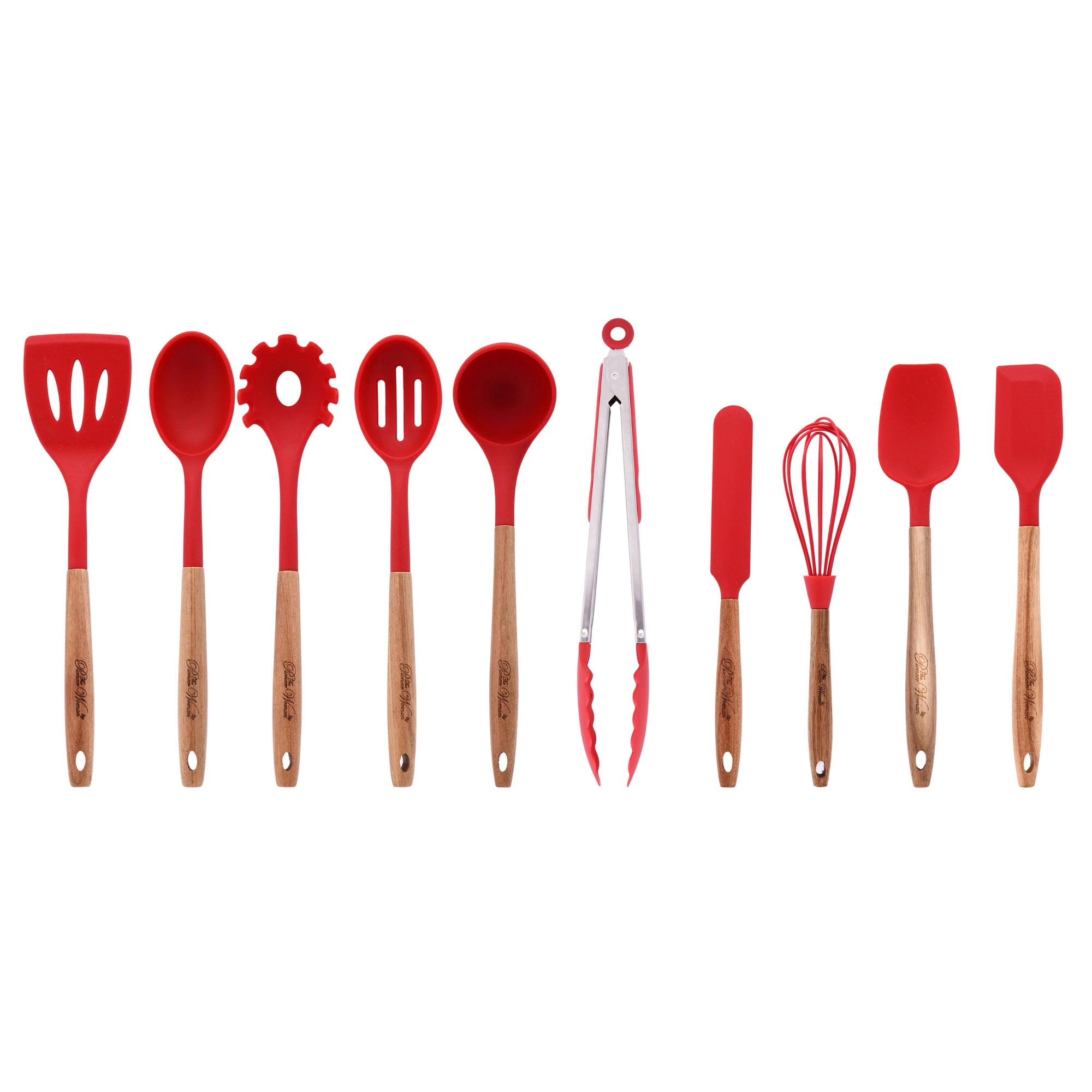 The Pioneer Woman 10-Piece Silicone and Wood Handle Kitchen Cooking Utensils Set, Red