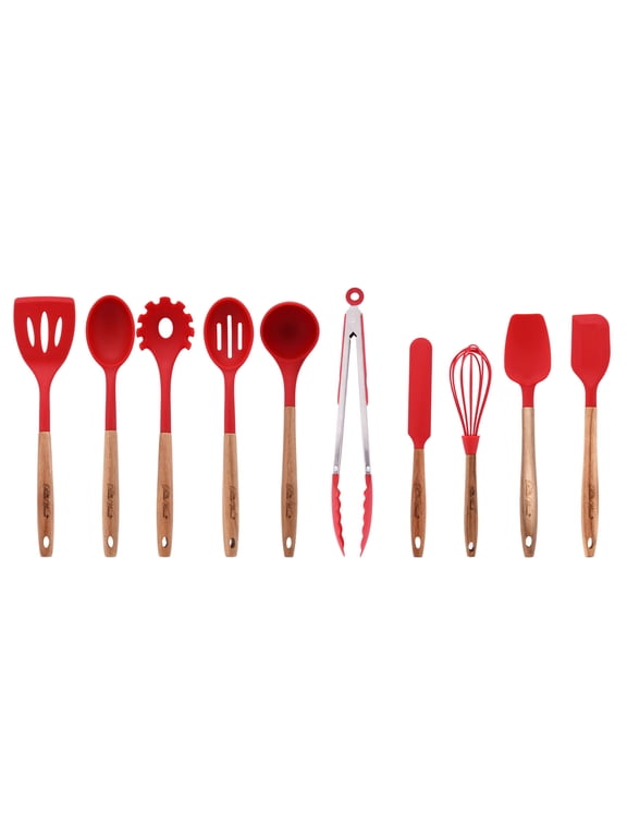 10-Piece Silicone Kitchen Utensil Set with Acacia Wood Handles, Red