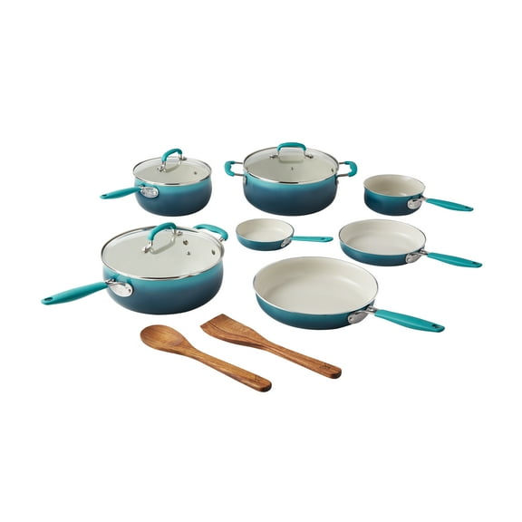 Open Box The Pioneer Woman 12-Piece Classic Belly Ceramic Cookware Set, Porcelain Enamel, Ombre Teal