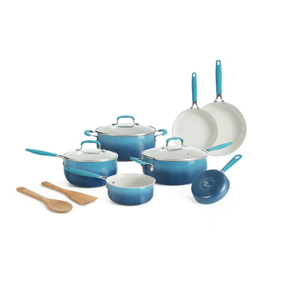 The Pioneer Woman 12-Pieces Porcelain Enamel Classic Ceramic Cookware Set, Ombre Teal