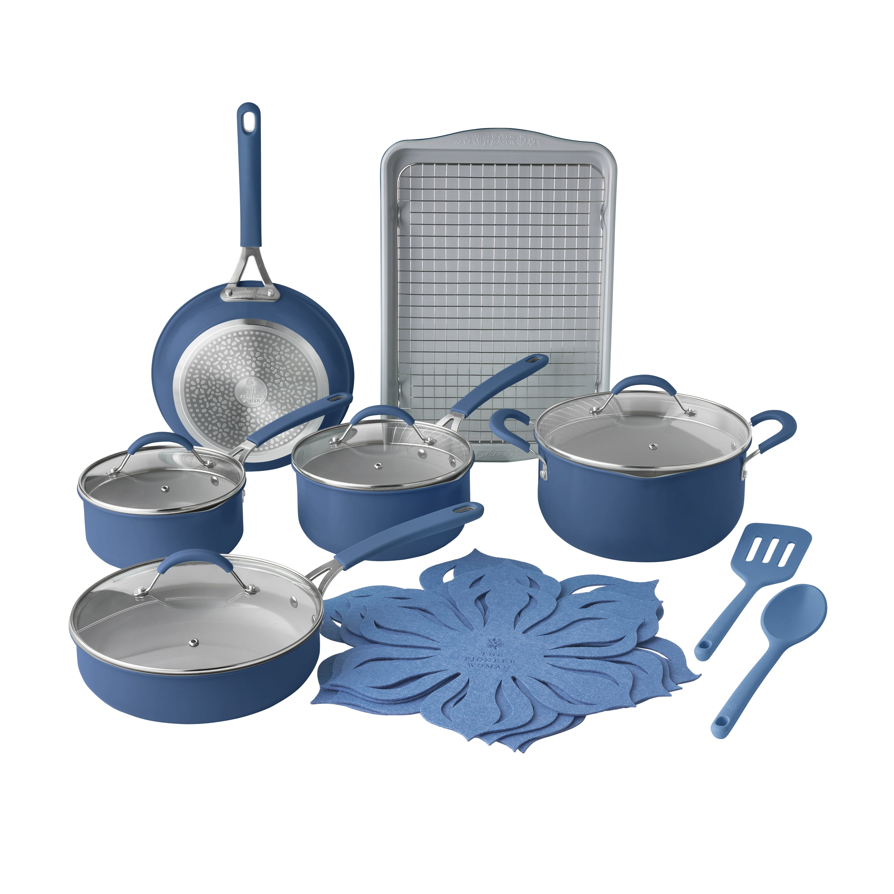 The Pioneer Woman Sutton 17-Piece Ceramic Cookware Set with Strainer Lids and Cookie Sheet with Rack, Blue - Walmart.com