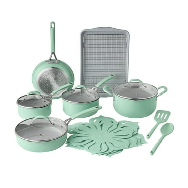 The Pioneer Woman 17-Piece Ceramic Cookware Set with Strainer Lids and Cookie Sheet with Rack, Green