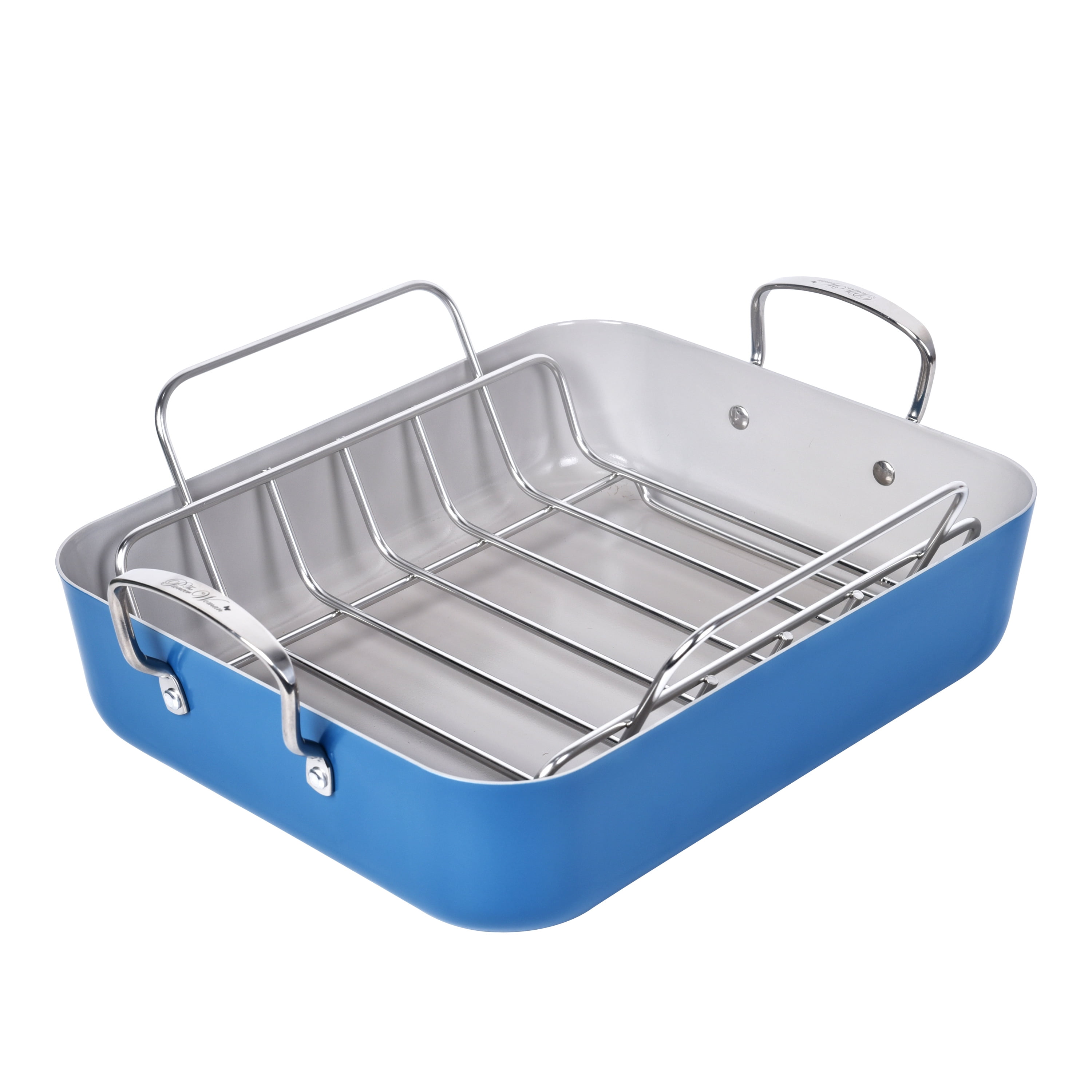 The Pioneer Woman Size 18.8 Aluminum Non Stick Roaster with Stainless Steel Rack Blue Walmart