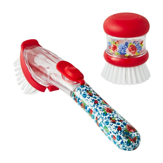 The Pioneer Woman 2-Piece Plastic Soap Dispensing Dish Wand and Palm Brush Set, Heritage Floral