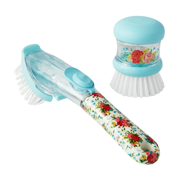 The Pioneer Woman 2-Piece Plastic Soap Dispensing Dish Wand and Palm Brush Set, Sweet Rose