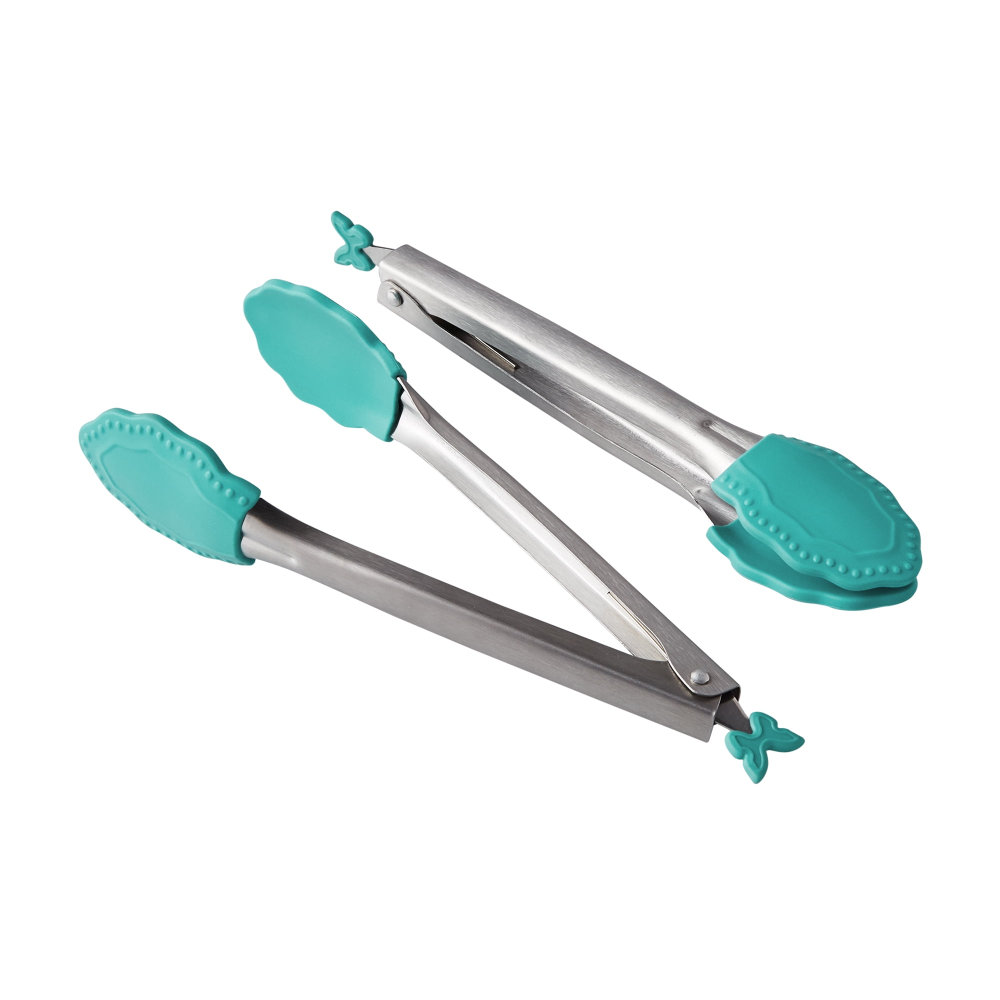 The Pioneer Woman 2-Piece Stainless Steel Mini Serving Tongs with Silicone  Tips, Silver/Teal 