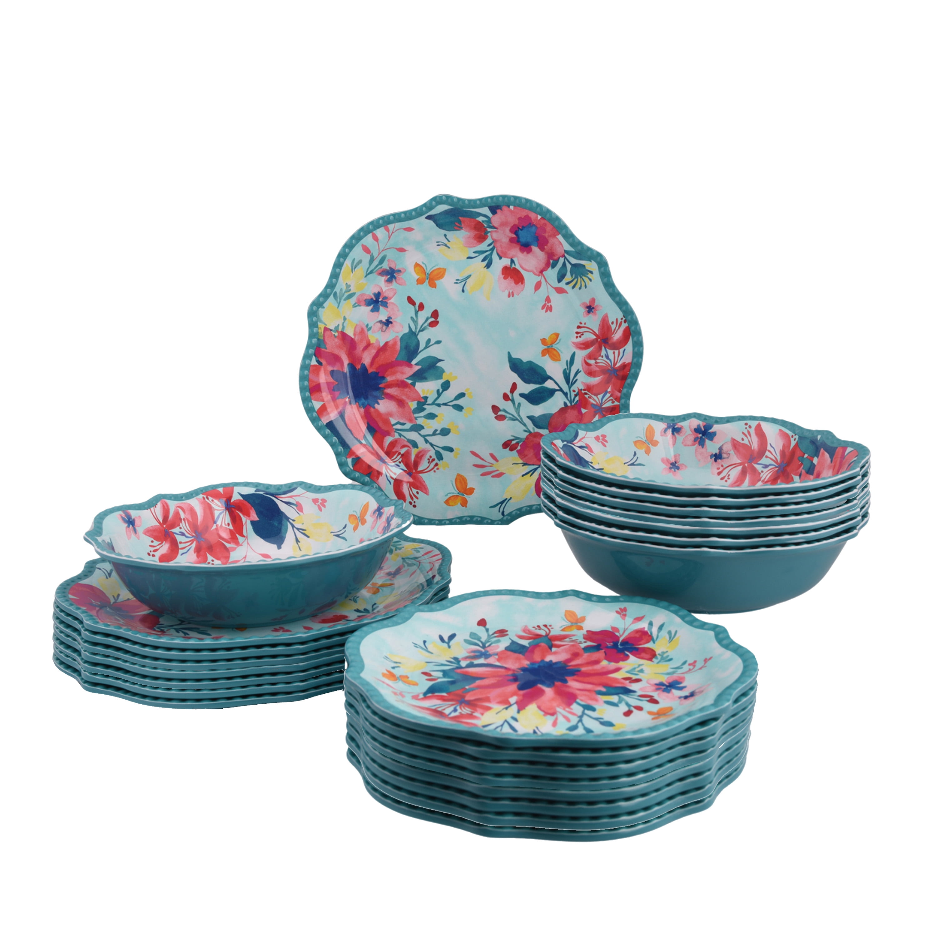 The Pioneer Woman 24 Piece Fresh Floral Melamine Dinnerware Set Teal Walmart