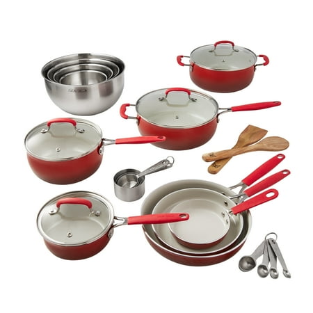 The Pioneer Woman 25 Piece Ceramic Nonstick Aluminum Cookware Set, Ombre Red