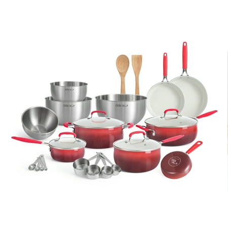 The Pioneer Woman 25-Piece Ceramic Nonstick Aluminum Cookware Set, Ombre Red