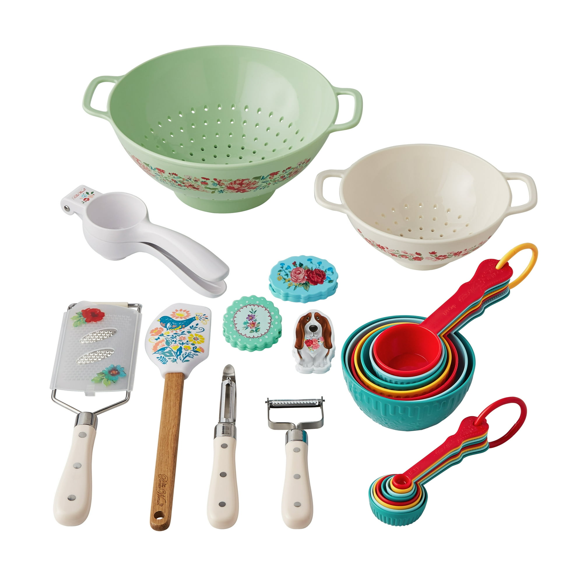 The Pioneer Woman 25-Piece Kitchen Set with Colanders, Measuring Cups, Grater, Citrus Press, Spatula, and Clips