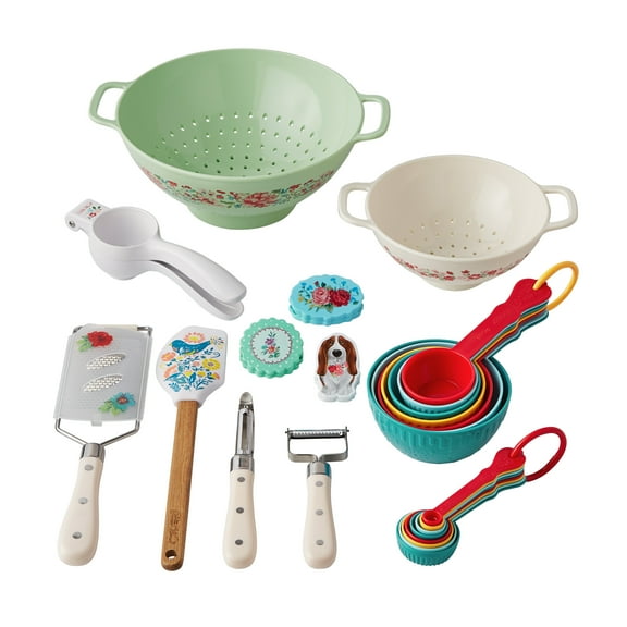 The Pioneer Woman 25-Piece Kitchen Set with Colanders, Measuring Cups, Grater, Citrus Press, Spatula, and Clips