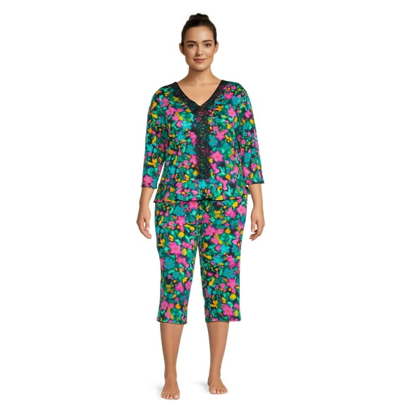 The Pioneer Woman 3/4 Sleeve V-Neck Top and Cropped Pant Pajama Set, 2-Piece, Women's