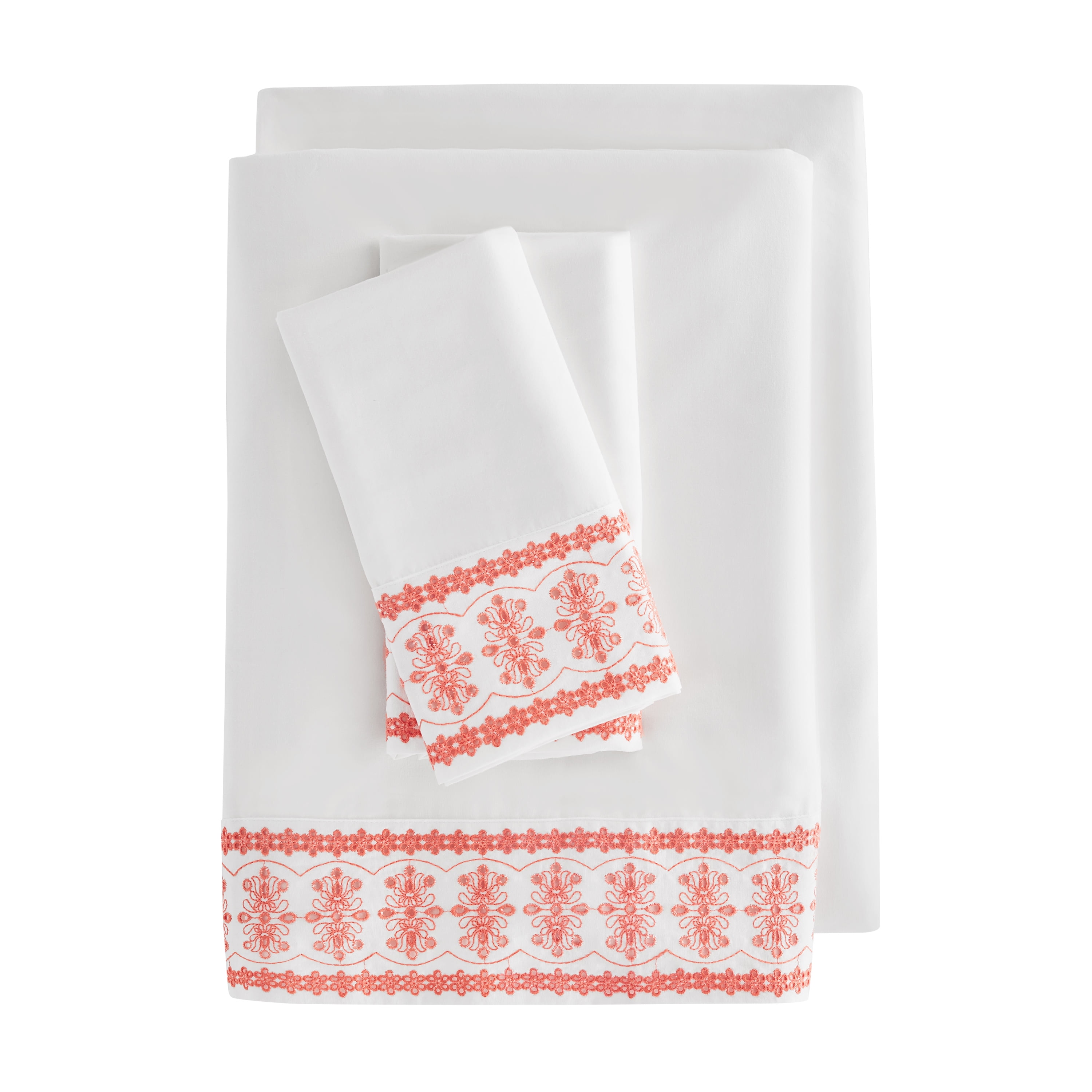 The Pioneer Woman 300 Thread Count Floral Eyelet Sheet Set, Coral, Full