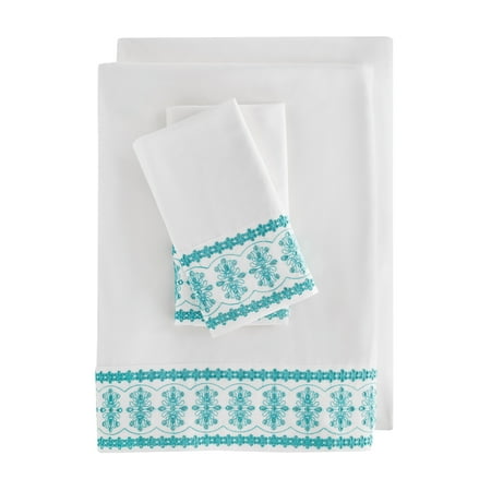 The Pioneer Woman 300 Thread Count Floral Eyelet Sheet Set, Teal Topaz, Full, 4-Pieces