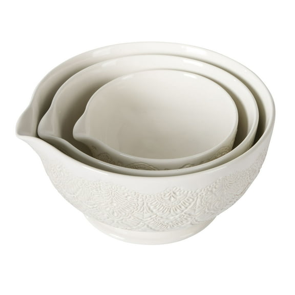 The Pioneer Woman Vintage Lace 3-Piece Ceramic Mixing Bowl Set, Linen