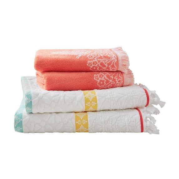 The Pioneer Woman 4 Piece Cotton Bath Towel Set, Coral Bell Orange