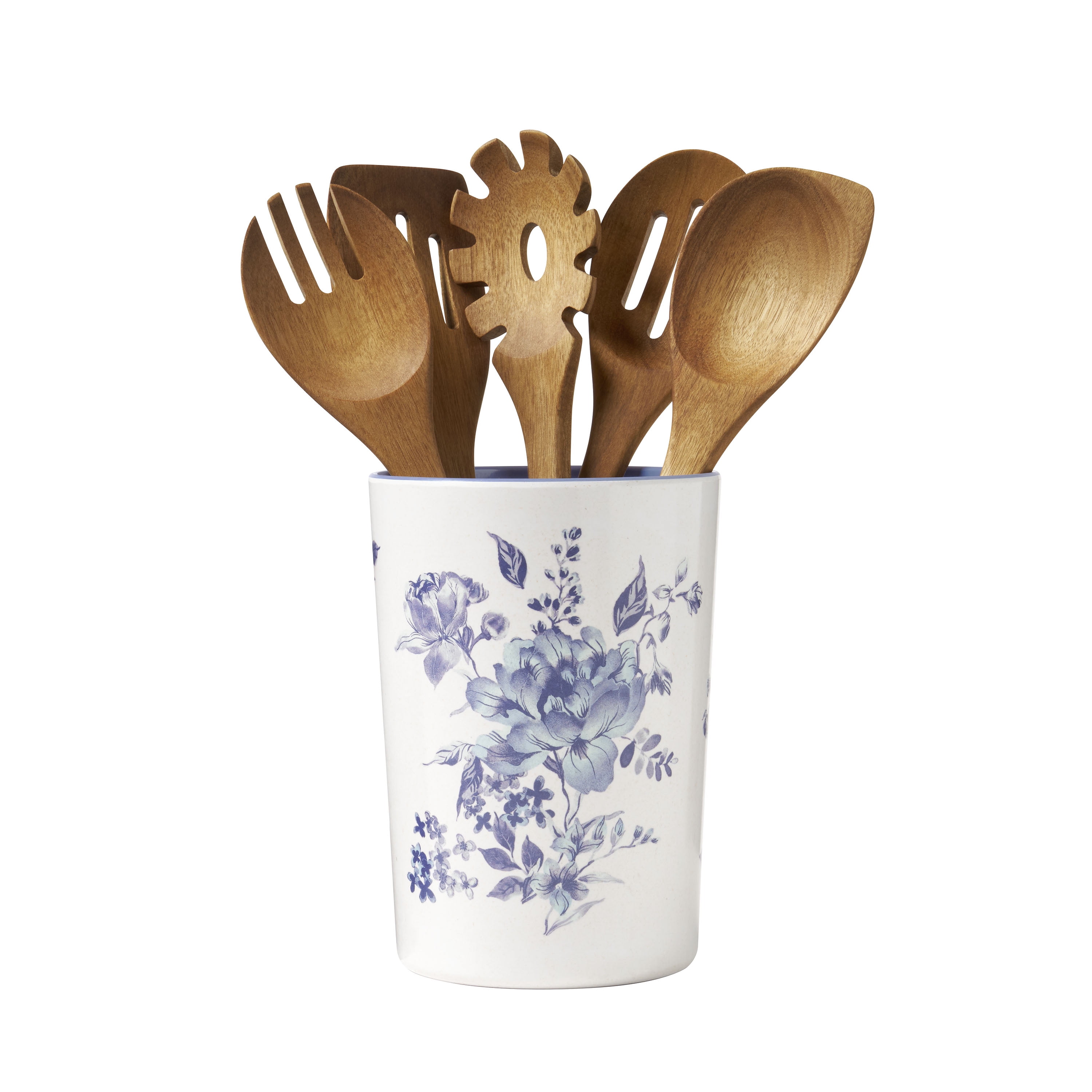 The Pioneer Woman Delilah 6-Piece Acacia Wood & Bamboo Melamine Crock Set, Blue