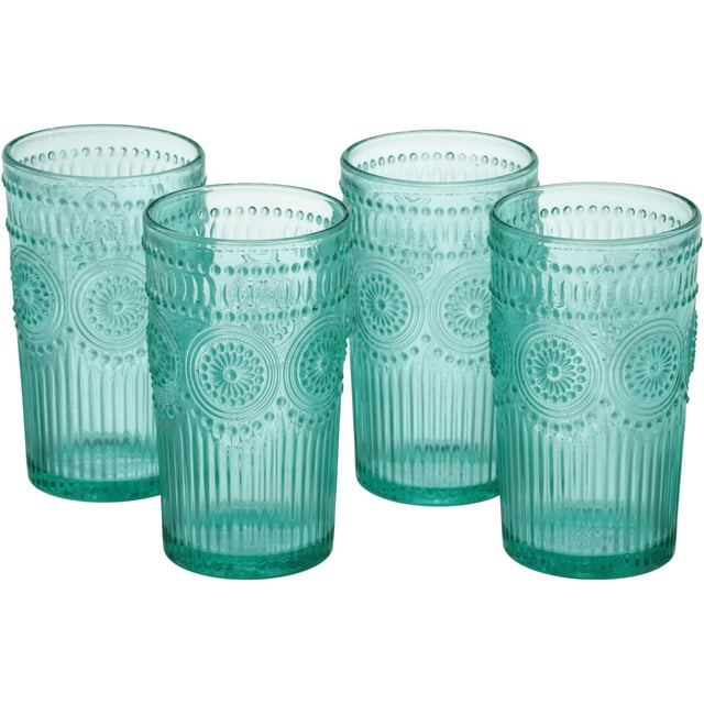The Pioneer Woman Adeline 16-Ounce Teal Emboss Glass Tumblers, Set of 4