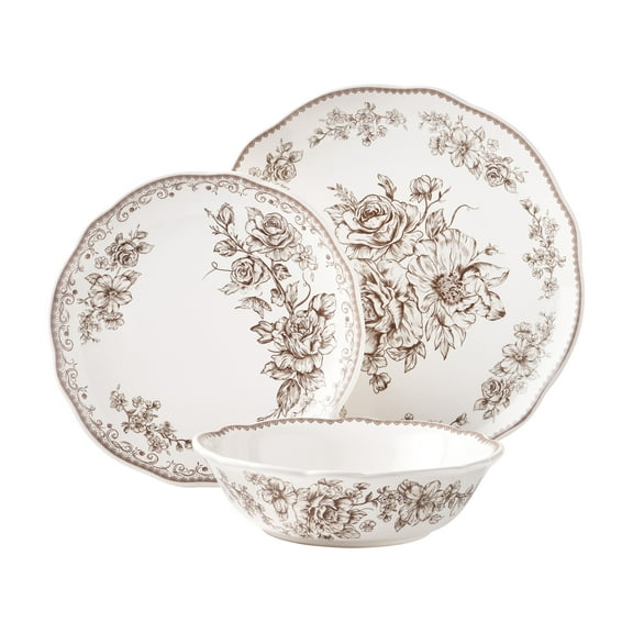The Pioneer Woman Agatha 12-Piece Stoneware Dinnerware Set, Brown
