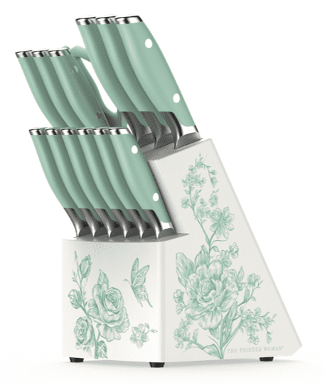 The Pioneer Woman 14 Pieces Knife Set with Decal Wooden Block Stainless Steel Knives, Forged, Green